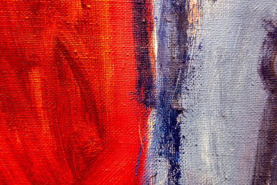 Colorful fragment of the painting. Oil paint texture with brush and palette knife strokes. Multi colored wallpaper. Macro close up acrylic background. Modern art concept. Horizontal fragment. © Oleg