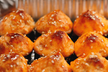 baked sushi rolls, close-up view