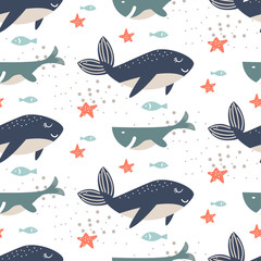 Whale seamless vector pattern. Cartoon style blue fun fish background.