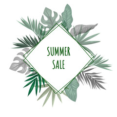 Summer sale banner with tropical leaves, vector