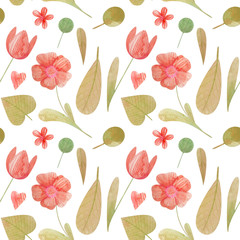 seamless pattern with cute watercolor illustration of stylized flowers.