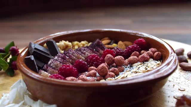 turntable shot of delicious vegan breakfast presented in a large clay bowl