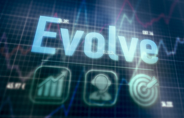 Obraz premium Evolve concept on a blue dot matrix computer display.