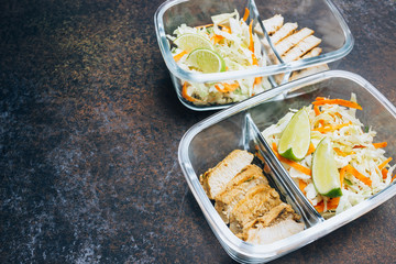Homemade Keto lunchbowl. Turkey meat and coleslaw salads