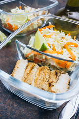 Homemade Keto lunchbowl. Turkey meat and coleslaw salads