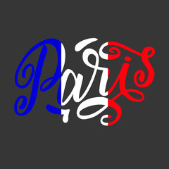 Handwritten inscription Paris on colors of the national flag of France. Hand drawn lettering. Calligraphic element for your design.  illustration for t-shirts, postcards or poster