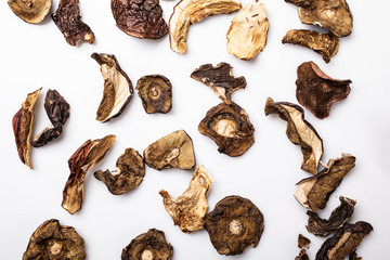 Dried mushrooms, appetizing culinary background. Ingredients of dishes.