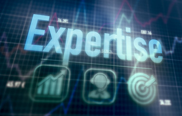 Expertise concept on a blue dot matrix computer display.