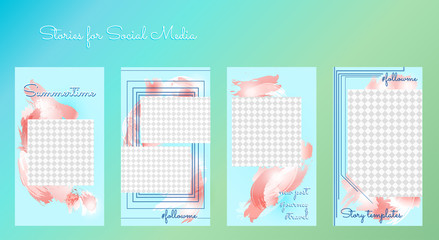 Modern editable stories template for blog post. Summer style with abstract background in rose tints. Cover design for social media, story, flyers, card. Elegant backgrounds, Vector set