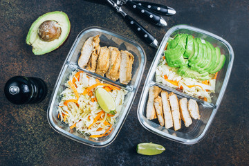 Homemade Keto lunchbowl. Turkey meat and coleslaw salads