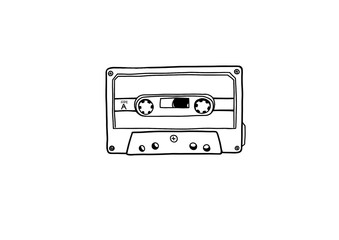 Black and white Cassette illustration on white background