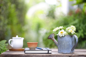 White cup and white pot and flowers in rustic watering pot on wooden table