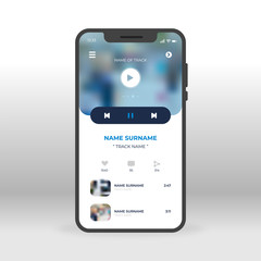 Blue online mp3 UI, UX, GUI screen for mobile apps design. Modern responsive user interface design of mobile applications including free musics screen