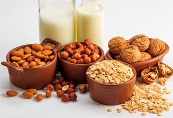Different types of vegan milk, almond milk, oat milk, hazelnut milk and walnut milk on a white background