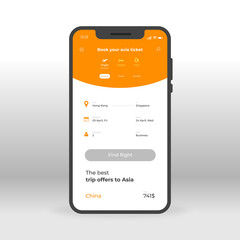 Orange online airways booking UI, UX, GUI screen for mobile apps design. Modern responsive user interface design of mobile applications including buy avia ticket screen