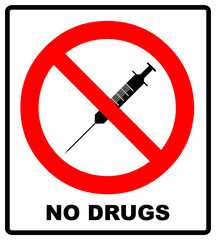 No drugs, prohibition sign of syringe,  illustration isolated on white. No injection icon. Red warning prohibition symbol