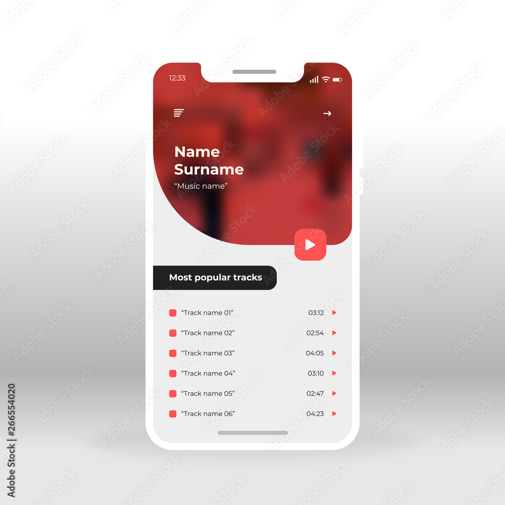 Aufkleber red music player ui, ux, gui screen for mobile apps design. modern responsive user interface design 