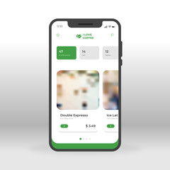 Green coffee UI, UX, GUI screen for mobile apps design. Modern responsive user interface design of mobile applications including Cafe screen with coffe, double espresso and ice late drinks