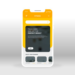 Orange and yellow fitness UI, UX, GUI screen for mobile apps design. Modern responsive user interface design of mobile applications including Fitness trainers page screen