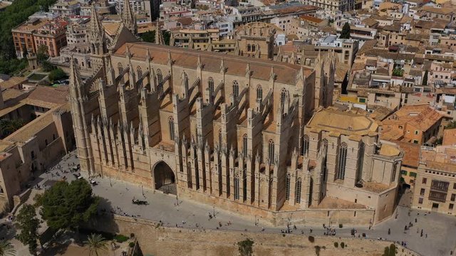 architecture of palma de mallorca cathedral tourist attraction the most famous church. Aerial video footage. Beautiful historical buildings in down town
