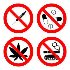 Set prohibited signs - drugs.  illustration isolated on white. Collection of 4 icons. No capsule, marijuana, cannabis, tobacco, cocaine and other drugs. Red forbidden symbols
