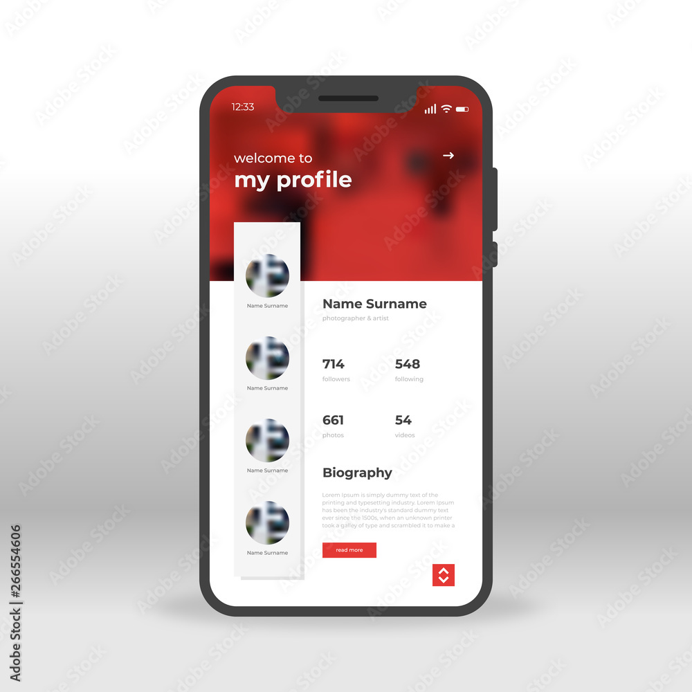 Aufkleber red profile welcome page ui, ux, gui screen for mobile apps design. modern responsive user interface