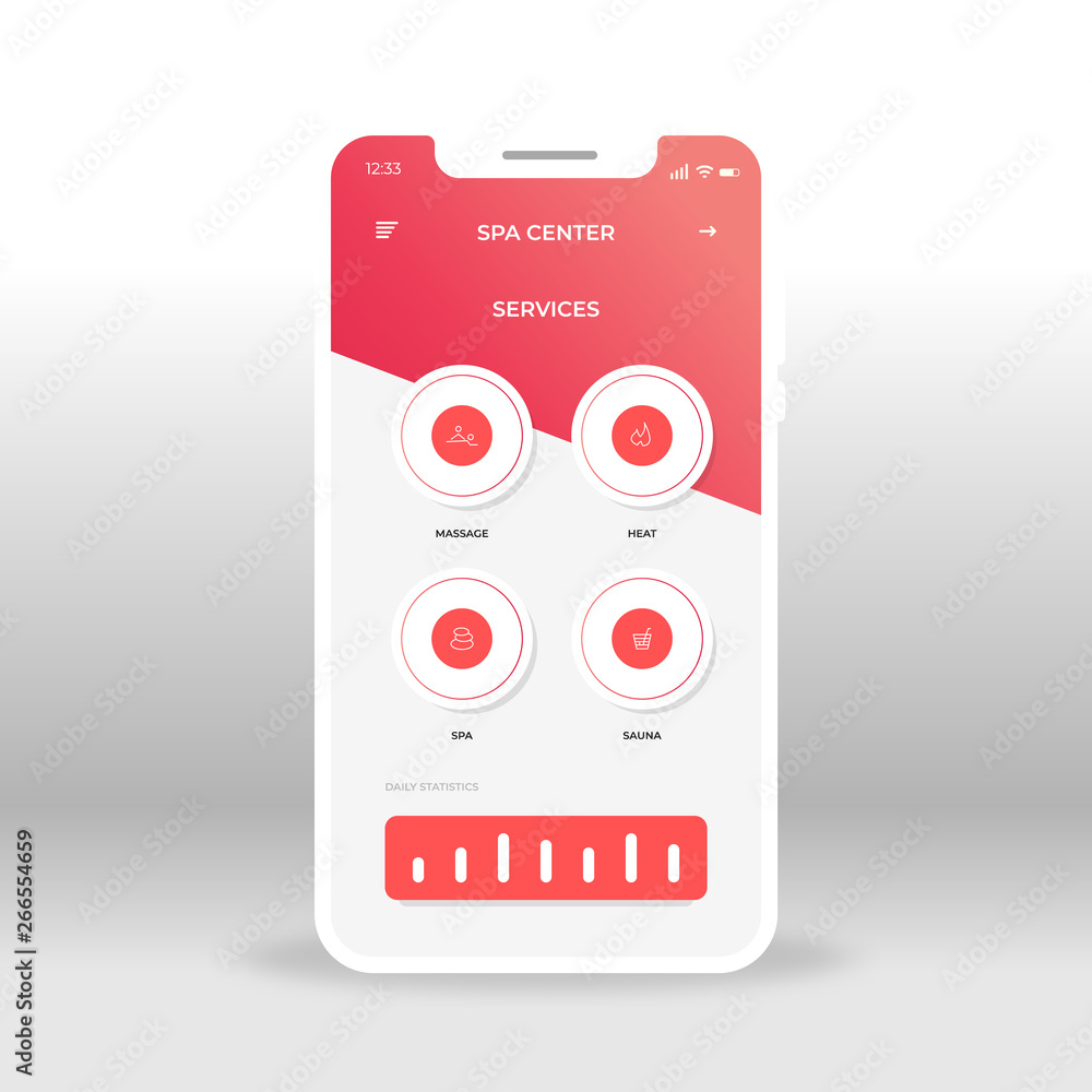 Aufkleber red spa center services ui, ux, gui screen for mobile apps design. modern responsive user interface 