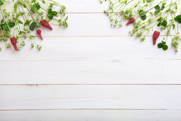 beautiful wild flowers on white wooden background
