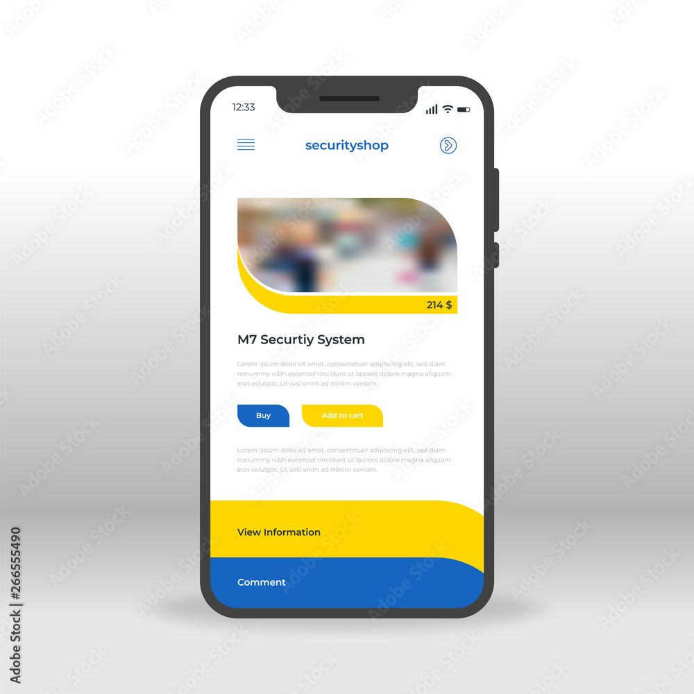 Poster blue and yellow security shop ui, ux, gui screen for mobile apps design. modern responsive user inte