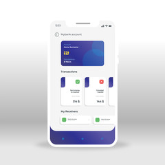 Purple and gray online banking UI, UX, GUI screen for mobile apps design. Modern responsive user interface design of mobile applications including Banking screen. Transactions, receivers, cards