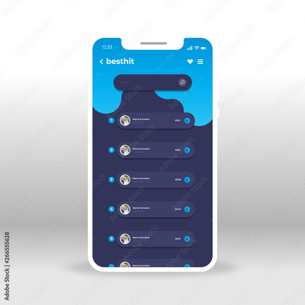 Aufkleber blue music player and tracks ui, ux, gui screen for mobile apps design. modern responsive user inter