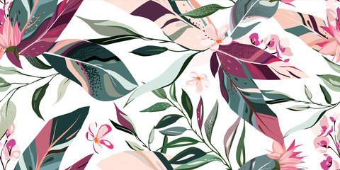 botanic seamless pattern with exotic flowers and leaves, hand drawn background. floral pattern. Tile with tropical leaf - obrazy, fototapety, plakaty