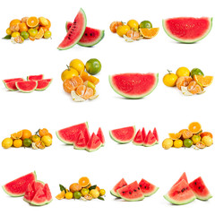 Flat lay composition with slices and seeds of watermelon on color background