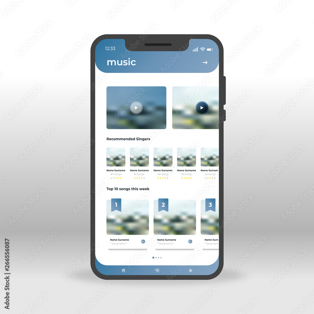 Aufkleber blue music ui, ux, gui screen for mobile apps design. modern responsive user interface design of mob