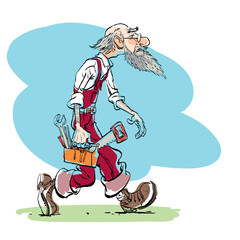 Funny illustration of old man cartoon character. Old master goes to repair.