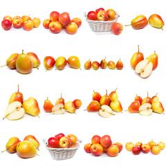 Red apple fruits on white. Pattern with apples flat lay. Camera above the background