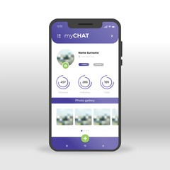Purple my chat UI, UX, GUI screen for mobile apps design. Modern responsive user interface design of mobile applications including live chat screen. Photo gallery, profile, follow, send buttons