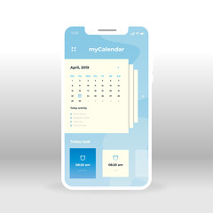 Blue calendar UI, UX, GUI screen for mobile apps design. Modern responsive user interface design of mobile applications including online tasks screen