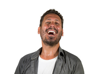 portrait of young happy and positive attractive 40s man with blue eyes and beard smiling happy and cheerful wearing casual shirt isolated on white background laughing