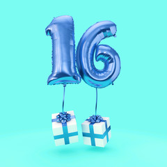 Number 16 birthday celebration foil helium balloon with presents. 3D Render