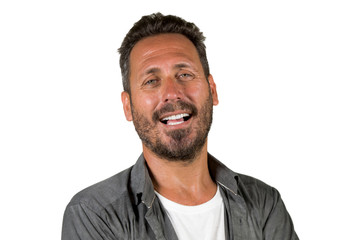  young happy and handsome 40s man with blue eyes and beard  in casual shirt posing in cool attitude smiling cheerful and confident isolated on white studio background