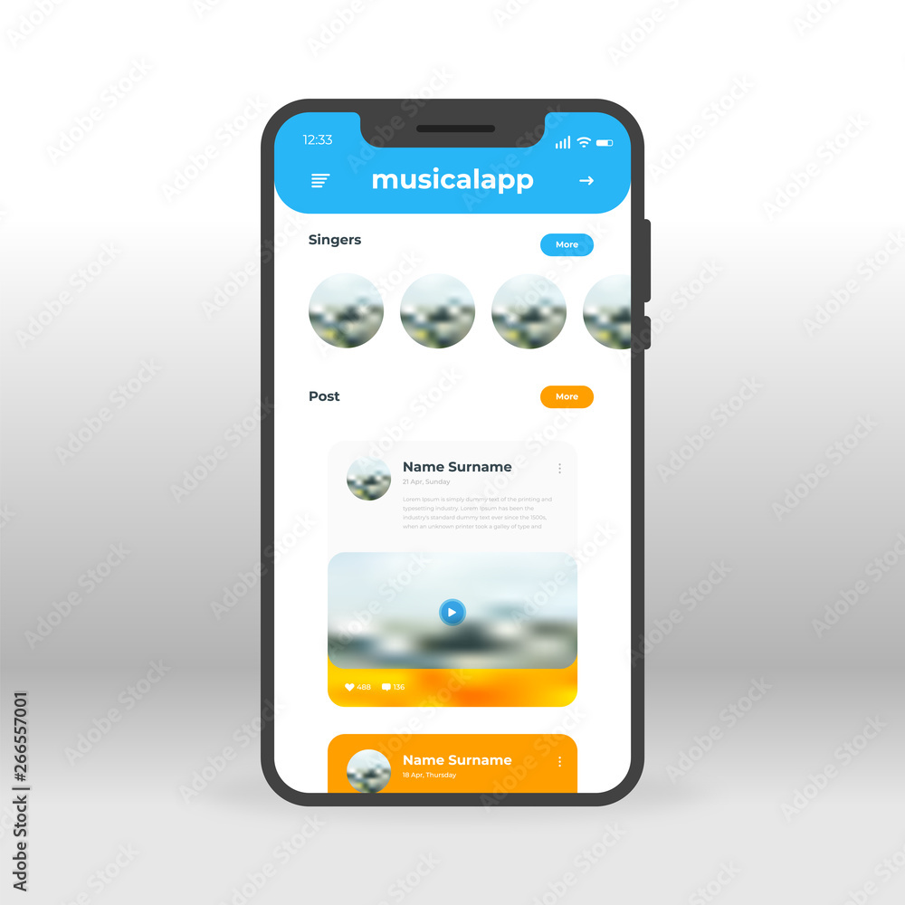 Aufkleber blue and orange online music player ui, ux, gui screen for mobile apps design. modern responsive use
