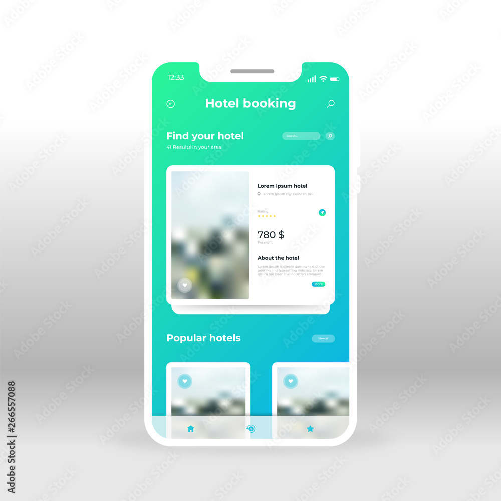 Aufkleber green and blue gradient background hotel booking ui, ux, gui screen for mobile apps design. modern r
