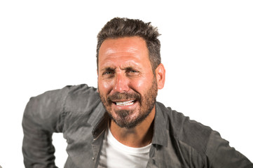 Obraz premium young happy and handsome 40s man with blue eyes and beard in casual shirt posing in cool attitude smiling cheerful and confident isolated on white studio background