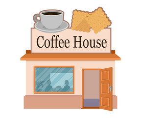 Vector flat coffee house. Facade of coffee house isolated on white background. Street coffee house. Freshly brewed coffee. Cafe emblem. Vector graphics to design