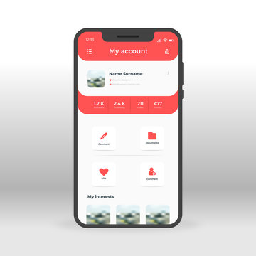 Red User Account UI, UX, GUI Screen For Mobile Apps Design. Modern Responsive User Interface Design Of Mobile Applications Including Online User Account Screen With Documents, Comments, Like Elements