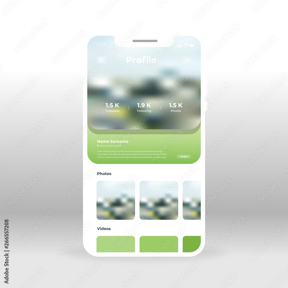 Aufkleber green social network profile page ui, ux, gui screen for mobile apps design. modern responsive user 