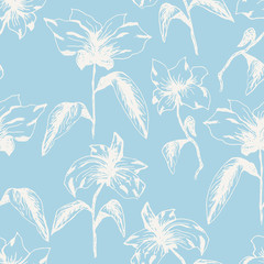 Fototapeta premium Tender blue seamless pattern with white sketch flowers. Hand drawn illustration of abstract spring flower, texture for textile, wrapping paper, surface, background