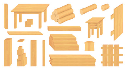 Set of wood logs, trunks and planks. Different wooden crafts. Forestry. Wooden crafts to sell. Wooden fence. Vector graphics to design
