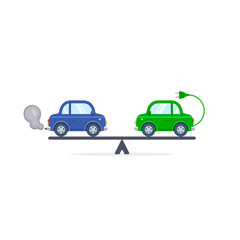 Electric car versus gasoline and diesel car on scales flat color illustration. Comparison between electric and gas car
